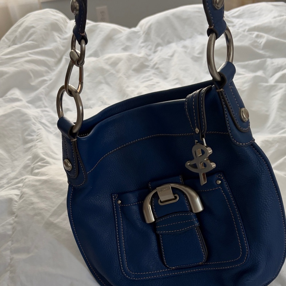 B. Makowsky Navy Leather Shoulder Bag with Silver Accents
